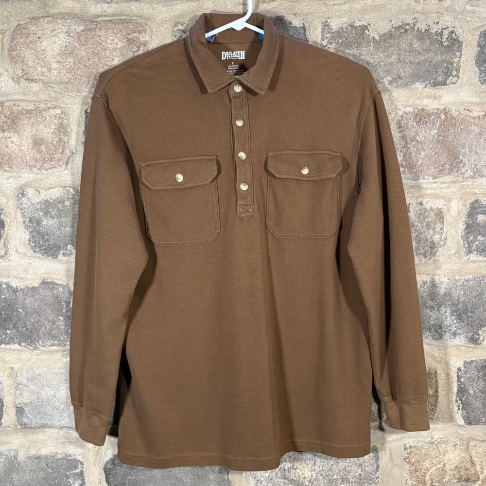 Duluth Trading‎ Co. Mens Brown Long Sleeve Buttoned Polo Shirt Large Ribbed